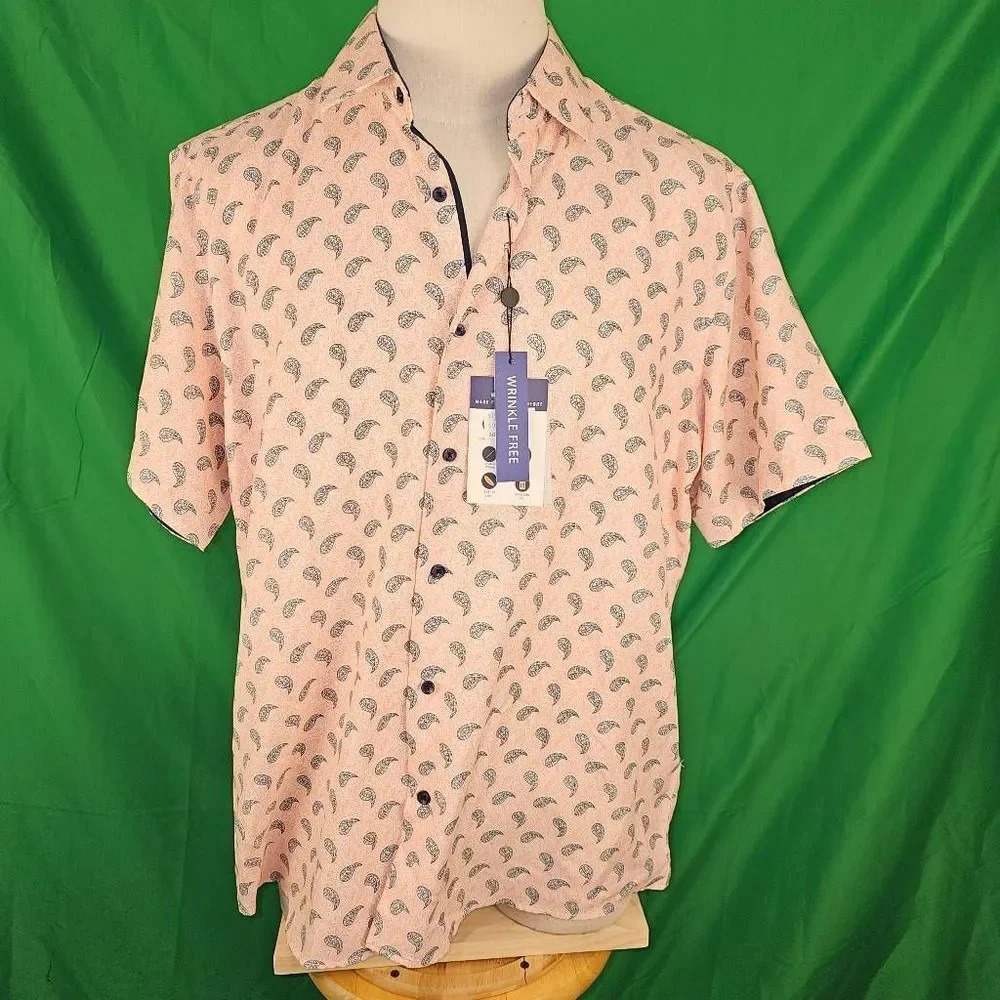 NWT Suslo Couture‎ Mens Orange Paisley Tailored Slim Fit Short Sleeve Shirt 3XL